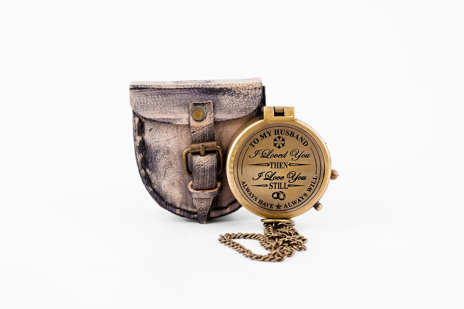 TO MY HUSBAND Engraved Brass Compass with Leather Cover