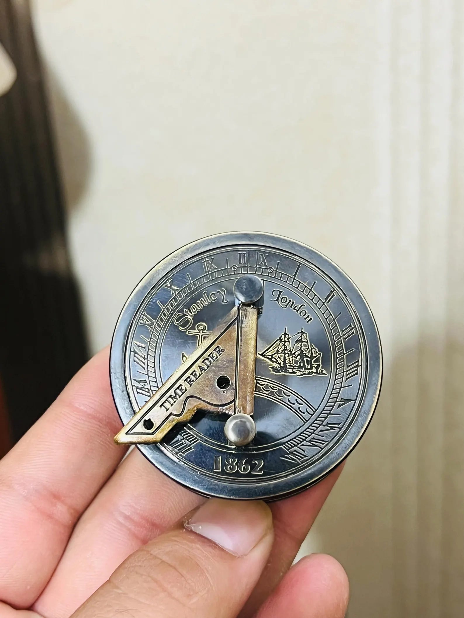 Time Reader Engraved 1862 Brass Sundial Compass