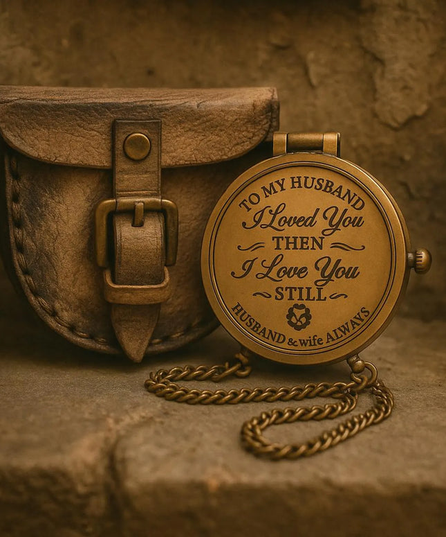 TO MY HUSBAND Engraved Brass Compass with Leather Cover